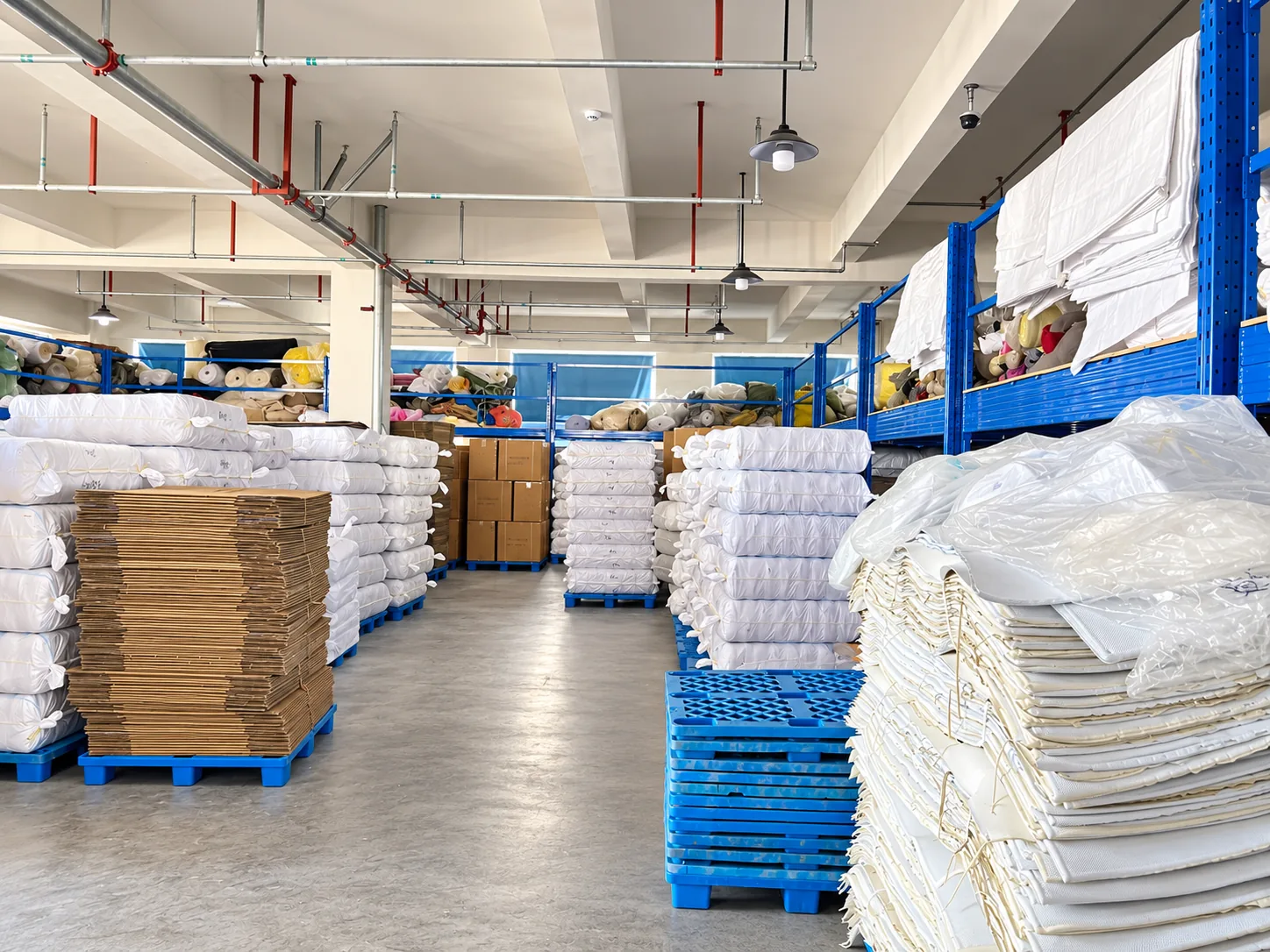 Stored fabrics, packaging materials and cartons in a supply area