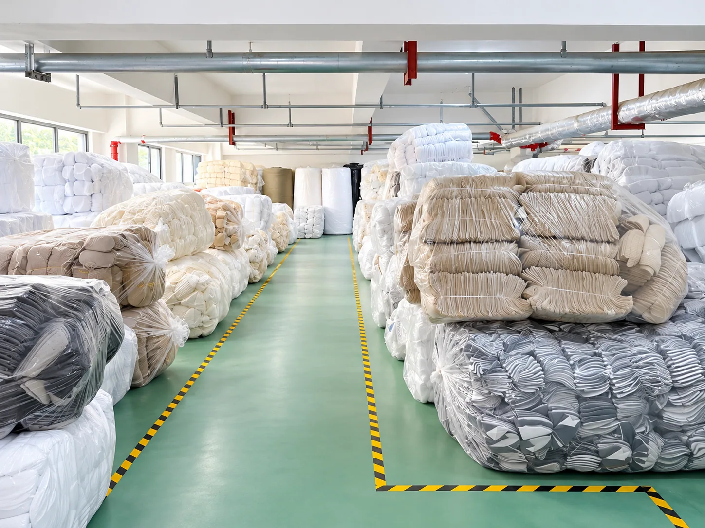 Batches of slipper components organized in bags beside a marked warehouse aisle