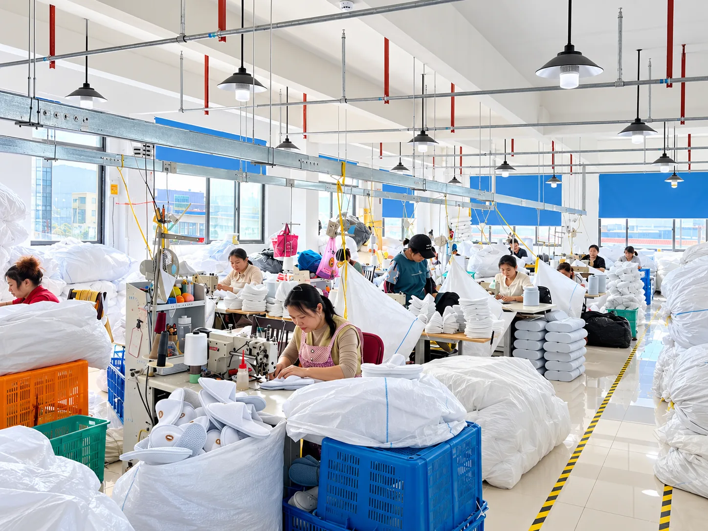 Workers sewing and assembling slippers in a production workshop