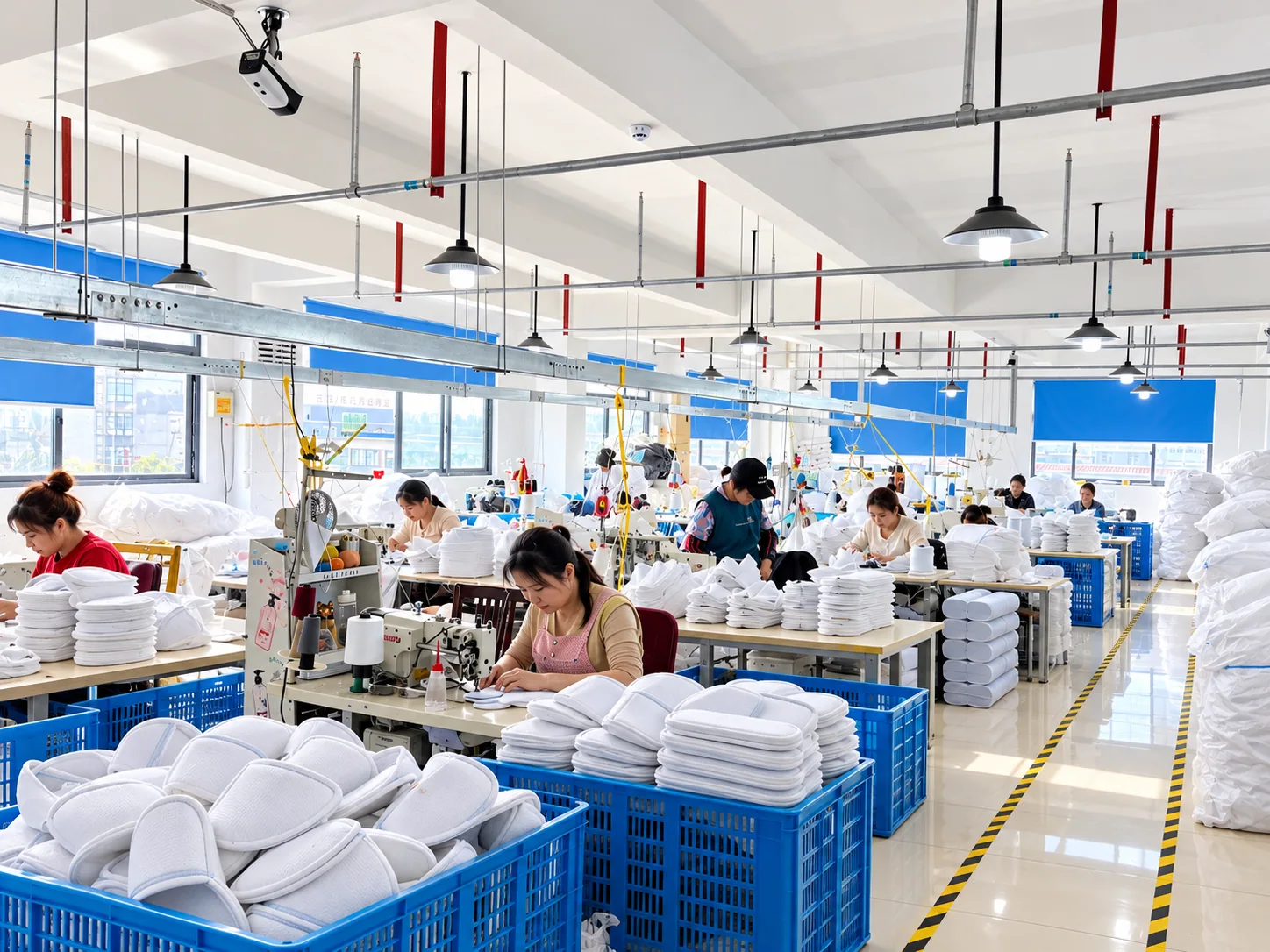 Workers at sewing stations with slipper components and assembled white slippers